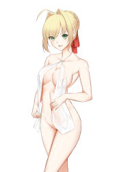 Rule 34 | 1girl, ahoge, bad id, bad pixiv id, bare shoulders, blonde hair, blush, breasts, cleavage, collarbone, fate/grand order, fate (series), green eyes, hair ornament, jilu, large breasts, looking at viewer, navel, nero claudius (fate), nero claudius (fate) (all), nero claudius (fate/extra), nero claudius (swimsuit caster) (fate), parted lips, red ribbon, ribbon, short hair, smile
