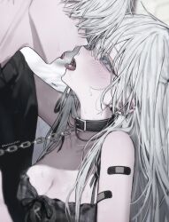 Rule 34 | 1boy, 1girl, absurdres, after kiss, aochan 1325, bandaid, bandaid on arm, bare shoulders, black collar, blush, breasts, chain, chain leash, cleavage, collar, couple, ear piercing, grey eyes, hetero, highres, leash, long hair, looking at another, open mouth, original, piercing, pill, pill on tongue, saliva, small breasts, tongue, tongue out, white hair