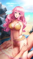 Rule 34 | 1boy, 1girl, :d, bikini, blue sky, breasts, censored, cleavage, cloud, collarbone, cowgirl position, curly hair, day, doukyuusei 2, doukyuusei another world, frilled bikini, frills, game cg, girl on top, groin, hair between eyes, hair down, hetero, katou minori, large breasts, long hair, mosaic censoring, navel, ocean, official art, open mouth, outdoors, pink hair, red eyes, ribbon, sex, side-tie bikini bottom, sky, smile, straddling, summer, sunlight, swimsuit, thigh gap, vaginal, very long hair, yellow bikini, yellow ribbon