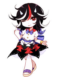 Rule 34 | 1girl, absurdres, bad id, bad pixiv id, black hair, blue bow, bow, bracelet, chibi, cone horns, dress, grey horns, highres, horns, jewelry, kijin seija, middle finger, multicolored hair, one eye closed, red eyes, red hair, sash, sheya, simple background, solo, streaked hair, tongue, tongue out, touhou, white background, white hair