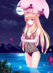 Rule 34 | 1girl, black panties, blonde hair, blush, bow, breasts, bug, butterfly, cleavage, elbow gloves, female focus, firefly, full moon, gloves, hair bow, hat, hat ribbon, insect, lingerie, long hair, moon, navel, negligee, night, panties, parasol, purple eyes, ribbon, see-through, smile, solo, touhou, umbrella, underwear, underwear only, wading, water, white gloves, yakumo yukari, yuj (moemarket)