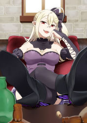 Rule 34 | 1girl, arm up, black collar, black gloves, black thighhighs, blonde hair, boots, bottle, breasts, bug, butterfly, carmilla vanstein, collar, crossed legs, detached collar, dress, elbow gloves, eyebrows hidden by hair, fangs, feet, feet on table, fingerless gloves, foot focus, gloves, hair between eyes, hair ribbon, hand on own cheek, hand on own face, hataage! kemono michi, high heel boots, high heels, insect, leaning back, legs up, long hair, looking at viewer, mattaku mousuke, open mouth, pale skin, pointy ears, ponytail, purple dress, red eyes, ribbon, short ponytail, side ponytail, sitting, skirt, sleeveless, sleeveless dress, smile, smug, solo, strapless, strapless dress, table, teeth, thighhighs, vampire, wall, window, wine bottle