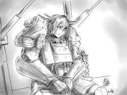 Rule 34 | 10s, 4girls, alternate costume, armor, bandaid, bandaid on face, bruise, crossover, fairy (kancolle), fallout (series), fallout 4, female focus, greyscale, headgear, injury, kantai collection, long hair, mini person, minigirl, monochrome, multiple girls, nagato (kancolle), power armor, scull, signature, sitting, size difference, sketch