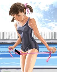 Rule 34 | 1futa, bar censor, bare shoulders, breasts, brown hair, censored, cloud, day, futanari, hair ribbon, kaji h, one-piece swimsuit, open mouth, outdoors, penis, pool, ribbon, sky, small breasts, solo, standing, swimsuit, third-party edit, twintails, veins, wet