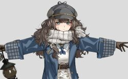 Rule 34 | 1girl, :|, belt, blue coat, blue neckerchief, blush, brown belt, brown gloves, brown hair, cabbie hat, closed mouth, coat, curly hair, dress, facing viewer, gloves, grey background, grey hat, hat, holding, holding lantern, lantern, long hair, long sleeves, looking to the side, marcus (reverse:1999), metro (jbcman0198), mole, mole under eye, neckerchief, open clothes, open coat, outstretched arms, reverse:1999, scarf, solo, spread arms, sweat, upper body, white dress, white scarf