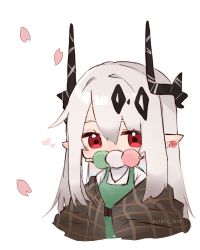 Rule 34 | 1girl, arknights, black horns, blanket, cherry blossoms, commentary, dango, dress, earrings, falling petals, flower, flower earrings, food, green dress, hanami, highres, horns, jewelry, long hair, mouth hold, mudrock (arknights), necklace, petals, pink flower, pointy ears, red eyes, sanshoku dango, shinogu ao, solo, sweater, twitter username, wagashi, white hair, white sweater