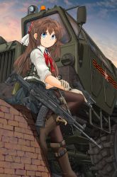 Rule 34 | 1girl, absurdres, assault rifle, black skirt, blue eyes, blue sky, body armor, boots, bow, bowtie, brick wall, brown footwear, brown hair, brown pantyhose, carrying, closed mouth, commentary request, dress shirt, gloves, gun, hair ribbon, hand on own arm, handgun, highres, holding, holding gun, holding weapon, knee up, long hair, looking at viewer, maz-543, mikeran (mikelan), military, miniskirt, original, outdoors, pantyhose, pink sky, pleated skirt, red bow, red bowtie, ribbon, rifle, school uniform, shadow, shirt, sitting, skirt, sky, sleeves rolled up, smile, solo, twilight, weapon, weapon on back, white gloves, white ribbon, white shirt
