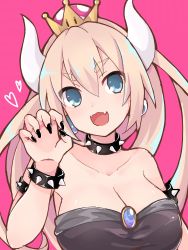 Rule 34 | 1girl, :d, armlet, bare shoulders, black collar, black dress, blonde hair, blue eyes, bowsette, bracelet, breasts, chest jewel, claw pose, cleavage, collar, collarbone, commentary request, dress, earrings, fangs, hair between eyes, hand up, heart, high ponytail, highres, horns, jewelry, large breasts, long hair, looking to the side, mario (series), new super mario bros. u deluxe, nintendo, open mouth, pink background, sawara (starligtvision), sidelocks, simple background, smile, solo, spiked armlet, spiked bracelet, spiked collar, spikes, strapless, strapless dress, super crown, thick eyebrows, upper body, v-shaped eyebrows
