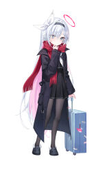 Rule 34 | 1girl, black coat, black footwear, black hairband, black pantyhose, black skirt, blue archive, blush, closed mouth, coat, colored inner hair, earmuffs, full body, grey eyes, grey hair, hair over one eye, hairband, halo, highres, long hair, long sleeves, looking at viewer, multicolored hair, neckerchief, open clothes, open coat, pantyhose, pink hair, plana (blue archive), pleated skirt, rangtori, red halo, red scarf, scarf, shoes, simple background, skirt, solo, suitcase, white background, white neckerchief