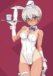 Rule 34 | 1girl, :o, animal ears, bare legs, bare shoulders, between breasts, blush, bottle, bow, bowtie, breasts, cleavage, coca-cola, coke bottle, covered navel, cup, detached collar, fake animal ears, gloves, green eyes, highleg, large breasts, laura toth, leotard, looking at viewer, money, null (nyanpyoun), playboy bunny, rabbit ears, short hair, silver hair, soda, solo, strike witches, strike witches: katayoku no majo-tachi, tan, tanline, thigh gap, thigh strap, toned, tucked money, white gloves, world witches series, wrist cuffs