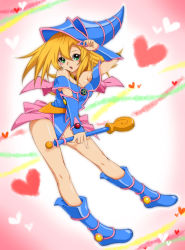 Rule 34 | 1girl, :d, adjusting clothes, adjusting headwear, bad id, bad pixiv id, bare legs, bare shoulders, blonde hair, blue footwear, blush, blush stickers, boots, bracer, breasts, capelet, chiyo (no3baki), choker, cleavage, dark magician girl, duel monster, female focus, full body, green eyes, hat, heart, heart background, long hair, looking at viewer, open mouth, pentacle, pink skirt, skirt, smile, solo, staff, wand, wizard hat, yu-gi-oh!, yu-gi-oh! duel monsters