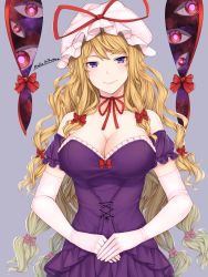 Rule 34 | 1girl, artist name, bare shoulders, blonde hair, blush, bow, bowtie, breasts, cleavage, closed mouth, collarbone, disembodied eye, dress, dress bow, elbow gloves, frills, gap (touhou), gloves, grey background, hair between eyes, hair bow, hat, hat ribbon, heart, highres, large breasts, long hair, looking at viewer, mitama mudimudi, mob cap, off-shoulder dress, off shoulder, own hands together, pink gloves, pink hat, puffy short sleeves, puffy sleeves, purple dress, purple eyes, red bow, red bowtie, ribbon, short sleeves, simple background, smile, solo, standing, touhou, umbrella, very long hair, wavy hair, white gloves, yakumo yukari