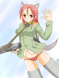 Rule 34 | 00s, 1girl, animal ears, bottomless, cameltoe, ginjyasei, minna-dietlinde wilcke, no pants, panties, red eyes, red hair, red panties, solo, strike witches, striker unit, tail, underwear, world witches series