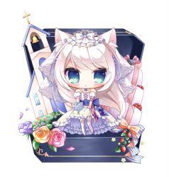 Rule 34 | 1girl, american flag, american flag print, animal ears, azur lane, bare shoulders, bell, blue bow, blue ribbon, blush, bouquet, bow, cake, cat ears, chibi, church, closed mouth, detached sleeves, dress, flag print, flower, food, fruit, garter straps, green eyes, hammann (azur lane), highres, holding, holding bouquet, jewelry, long hair, puffy short sleeves, puffy sleeves, purple flower, purple rose, red flower, red rose, ribbon, ring, rose, ryuuka sane, short sleeves, silver hair, simple background, solo, standing, strapless, strapless dress, strawberry, striped bow, striped ribbon, thighhighs, veil, very long hair, wedding band, wedding cake, wedding dress, white background, white bow, white dress, white flower, white rose, white thighhighs, yellow flower, yellow rose