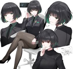 Rule 34 | 1girl, absurdres, allmind (armored core 6), armored core, armored core 6, black hair, black jacket, black necktie, black suit, blush, breasts, commentary, earrings, english commentary, formal, green eyes, green hair, highres, jacket, jewelry, looking at viewer, medium breasts, multicolored hair, necktie, office lady, ormille, pantyhose, personification, shirt, short hair, skirt, smile, solo, suit, sweater, turtleneck, turtleneck sweater, white background