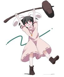 Rule 34 | 1girl, :d, \o/, animal ears, ar (maeus), arms up, black hair, boots, carrot necklace, dress, fang, floppy ears, hair between eyes, holding, holding mallet, inaba tewi, jewelry, kine, looking at viewer, mallet, necklace, open mouth, outstretched arms, pink dress, pink eyes, rabbit ears, short hair, short sleeves, simple background, smile, solo, standing, standing on one leg, touhou, white background