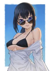 Rule 34 | 1girl, absurdres, atkdog, backlighting, bare shoulders, bikini, bikini under clothes, black bikini, black hair, breasts, collarbone, day, dress shirt, halterneck, highres, looking at viewer, looking over eyewear, looking over glasses, medium breasts, mole, mole under mouth, off shoulder, open clothes, open shirt, original, outdoors, outside border, parted lips, ponytail, purple eyes, shirt, sidelocks, solo, string bikini, sunglasses, swimsuit, tinted eyewear, unbuttoned, underboob, upper body