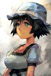 Rule 34 | 1girl, black hair, breasts, collarbone, dress, hungry clicker, looking to the side, puffy short sleeves, puffy sleeves, shiina mayuri, short hair, short sleeves, smile, solo, steins;gate, upper body