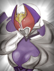 Rule 34 | 1girl, breasts, cape, colored skin, emphasis lines, grey background, kamen rider, kamen rider dcd, kamen rider kivala, large breasts, looking at viewer, nakao, purple skin, red eyes, simple background, solo, upper body