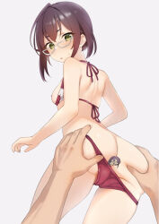 Rule 34 | 1girl, ass, ass grab, back, bare shoulders, bikini, bikini pull, blush, breasts, breasts out, brown hair, butt crack, censored, character censor, clothes pull, cowboy shot, from behind, glasses, green eyes, grey-framed eyewear, hair between eyes, kantai collection, light blush, looking at viewer, looking back, medium breasts, nipples, novelty censor, okinami (kancolle), open mouth, pov, pov hands, red bikini, sakieko, semi-circular eyewear, short hair, sideboob, simple background, solo focus, swimsuit, white background
