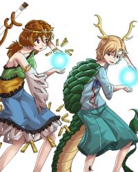 Rule 34 | antlers, bangle, bare shoulders, blonde hair, blue dress, blue shirt, blue skirt, bracelet, brown hair, brown tail, buhbuhbored, circlet, commentary, detached sleeves, dragon ball, dragon girl, dragon tail, dress, english commentary, feet out of frame, frilled dress, frills, green dress, green tail, highres, holding, holding with tail, horns, jewelry, kamehameha (dragon ball), kicchou yachie, low twintails, medium hair, monkey girl, monkey tail, multicolored clothes, multicolored dress, pleated skirt, prehensile tail, red eyes, ruyi jingu bang, shirt, short hair, simple background, single-shoulder dress, single detached sleeve, single sleeve, single strap, skirt, sleeveless, sleeveless dress, son biten, tail, test tube, touhou, turtle shell, twintails, white background, white sleeves, wide sleeves, yellow dress, yellow eyes