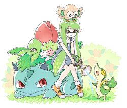 1girl :&gt; bare_arms blinking_inside_eyes blunt_bangs border brown_eyes closed_eyes closed_mouth color_connection creatures_(company) crossover fading_border game_freak gen_1_pokemon gen_4_pokemon gen_5_pokemon gen_7_pokemon grass green_hair green_theme grey_overalls highres holding holding_weapon inkling_girl inkling_player_character ivysaur knees_together_feet_apart legendary_pokemon light_smile long_hair looking_at_creature mythical_pokemon nintendo on_creature on_head open_mouth orange_footwear outstretched_arms overalls pointy_ears pokemon pokemon_(creature) pokemon_on_head rowlet sen_squid shaymin shaymin_(land) shirt short_sleeves sitting snivy socks splatoon_(series) split_mouth sploosh-o-matic_(splatoon) spraying squid third-party_source two-handed v_arms very_long_hair water_drop water_gun watercolor_effect weapon wet white_shirt white_socks