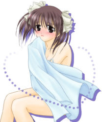 Rule 34 | 1girl, blush, breasts, brown eyes, brown hair, cleavage, collarbone, embarrassed, ever 17, full-face blush, looking at viewer, matsunaga sara, simple background, sitting, solo, towel, white background