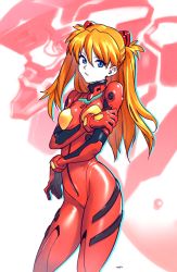 Rule 34 | 1girl, blue eyes, bodysuit, bracer, breasts, contrapposto, cowboy shot, drop shadow, eva 02, from side, gloves, hair between eyes, headgear, highres, holding own arm, legs apart, long hair, looking at viewer, mecha, medium breasts, neon genesis evangelion, optionaltypo, orange hair, pale skin, parted lips, pilot suit, plugsuit, robot, shadow, shiny clothes, signature, skin tight, solo, souryuu asuka langley, standing, two side up, white background