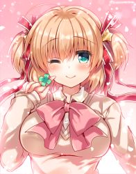 Rule 34 | 1girl, blush, bow, bowtie, breasts, brown hair, closed mouth, clover, collared shirt, commentary request, four-leaf clover, green eyes, highres, large breasts, long sleeves, looking at viewer, one eye closed, original, pink bow, pink bowtie, shirt, sleeves past wrists, smile, solo, suzunone rena, sweater, two side up, upper body, wing collar