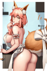 Rule 34 | 1girl, animal ear fluff, animal ears, apron, ass, back, bare shoulders, blush, breasts, dydydyok, fate/extra, fate (series), fox ears, fox girl, fox tail, frilled apron, frills, highres, ladle, large breasts, long hair, looking at viewer, looking back, naked apron, outside border, pink hair, sideboob, tail, tamamo (fate), tamamo no mae (fate/extra), thighs, white apron, yellow eyes