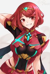 Rule 34 | 1girl, arm behind head, artist name, bob cut, breasts, eondriver, female focus, grin, highres, looking at viewer, open mouth, pyra (xenoblade), red eyes, red hair, short hair, short sleeves, smile, solo, teeth, tiara, xenoblade chronicles (series), xenoblade chronicles 2