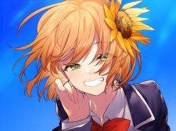 Rule 34 | 1girl, :d, blue sky, blush, close-up, collared shirt, day, eyes visible through hair, fingernails, flower, green eyes, grin, hair flower, hair ornament, half-closed eyes, hand up, highres, honma himawari, jacket, long sleeves, looking at viewer, neck ribbon, nijisanji, open mouth, orange hair, outdoors, purple jacket, red ribbon, ribbon, shirt, short hair, sky, smile, sogawa, solo, sunflower, sunflower hair ornament, virtual youtuber, wing collar, yellow flower
