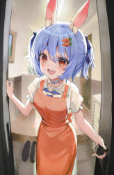 Rule 34 | 1girl, :d, absurdres, animal ears, apron, blue hair, blue neckerchief, blue ribbon, blurry, blush, carrot hair ornament, collar, commentary request, depth of field, door, doorknob, doorway, drawing (object), entrance, eyes visible through hair, fisheye, food-themed hair ornament, grey collar, hair between eyes, hair ornament, hair ribbon, highres, hololive, indoors, lnji (rnlwls34), looking at viewer, neckerchief, official alternate costume, open mouth, opening door, orange apron, orange eyes, picture frame, pov, pov doorway, puffy short sleeves, puffy sleeves, rabbit-shaped pupils, rabbit ears, rabbit girl, ribbon, round teeth, sailor collar, shoes, short eyebrows, short hair, short sleeves, short twintails, sidelocks, smile, solo, standing, symbol-shaped pupils, teeth, thick eyebrows, twintails, unworn shoes, upper teeth only, usada pekora, virtual youtuber, white sailor collar