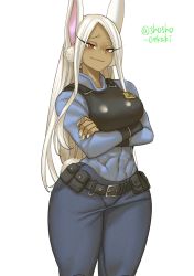 Rule 34 | 1girl, abs, animal ears, badge, belt, blue shirt, boku no hero academia, bulletproof vest, closed mouth, cosplay, cowboy shot, crossed arms, dark-skinned female, dark skin, fingernails, forehead, half-closed eyes, high collar, highres, hip focus, impossible clothes, impossible shirt, judy hopps, judy hopps (cosplay), light brown hair, long eyelashes, long hair, long sleeves, looking at viewer, mirko, muscular, muscular female, outline, parted bangs, police, police uniform, policewoman, rabbit ears, rabbit tail, red eyes, shirt, shosho oekaki, simple background, smile, smug, solo, tail, thick thighs, thighs, uniform, very long hair, white background, wide hips, zootopia
