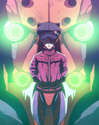 Rule 34 | 1girl, badge, black headwear, bodysuit, bodysuit under clothes, button badge, closed mouth, eva 02, evangelion: 3.0 you can (not) redo, expressionless, eyepatch, highres, jacket, lucid-shwn, mecha, neon genesis evangelion, neon lights, orange hair, pilot suit, plugsuit, rebuild of evangelion, red bodysuit, red jacket, robot, science fiction, souryuu asuka langley, standing, wide hips