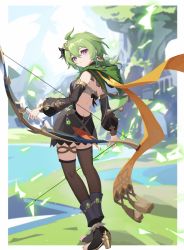 Rule 34 | 1girl, absurdres, border, bow (weapon), closed mouth, collei (genshin impact), eruthika, full body, genshin impact, green hair, high heels, highres, looking at viewer, purple eyes, scarf, solo, standing, thighhighs, weapon, white border