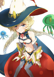 Rule 34 | 1girl, absurdres, alternate costume, alternate hairstyle, anzo (anzu elichi0928), ball, bare shoulders, blonde hair, blue eyes, braid, cape, carol malus dienheim, elbow gloves, from above, garter straps, gem, gloves, hat, highres, jellyfish, long hair, looking at viewer, midriff, navel, senki zesshou symphogear, senki zesshou symphogear xd unlimited, simple background, sitting, solo, swimsuit, thighhighs, twintails, very long hair, white background, witch hat