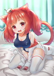 Rule 34 | 1girl, animal ears, azur lane, blanket, blush, breasts, cat ears, cat tail, cleavage, curtains, fang, full body, hair between eyes, hair ornament, highres, i-19 (azur lane), indoors, jacket, large breasts, long hair, long sleeves, looking at viewer, medium breasts, one-piece swimsuit, open mouth, red eyes, red hair, school swimsuit, sitting, smile, solo, swimsuit, tail, thighhighs, twintails, waftil, wariza, white jacket, white thighhighs