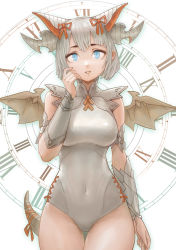 Rule 34 | 1girl, artist request, blue eyes, bracer, breasts, clock, dragon tail, dragon wings, highres, horns, medium breasts, myr (p&amp;d), puzzle &amp; dragons, tail, white hair, wings