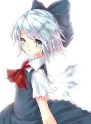 Rule 34 | 1girl, ascot, bad id, bad pixiv id, blue dress, blue eyes, blue hair, blush, bow, cirno, dress, embodiment of scarlet devil, female focus, hair bow, hair ornament, hairclip, looking at viewer, matching hair/eyes, neota, open mouth, ribbon, short hair, short sleeves, simple background, solo, touhou, white background, wings
