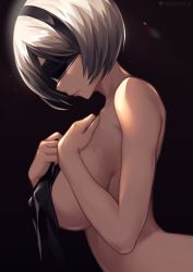 Rule 34 | 1girl, absurdres, blindfold, breasts, closed mouth, completely nude, covered eyes, dark background, hands on own chest, highres, holding, large breasts, light, mole, mole under mouth, nier (series), nier:automata, nude, profile, queasy s, short hair, sideboob, silver hair, solo, upper body, 2b (nier:automata)