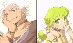 Rule 34 | 1boy, 1girl, bare shoulders, bow, choker, closed mouth, commentary request, earrings, green eyes, green hair, hair ribbon, jewelry, long hair, multi-tied hair, oknmt, ponytail, purple eyes, ribbon, ring, roberto (saga), saga, saga frontier 2, simple background, smile, virginia knights, white background