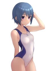 Rule 34 | 1girl, absurdres, alice gear aegis, blue hair, breasts, competition swimsuit, covered navel, cowboy shot, highres, hutokumi, one-piece swimsuit, purple eyes, short hair, simple background, small breasts, solo, standing, swimsuit, takanashi rei, two-tone swimsuit, white background, white one-piece swimsuit
