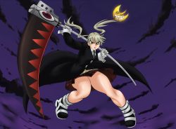 Rule 34 | 1girl, absurdres, angry, boots, cloud, coat, eyes visible through hair, full body, gloves, green eyes, highres, kyelyn, legs, long hair, long sleeves, looking at viewer, maka albarn, moon, moon (soul eater), necktie, open mouth, pleated skirt, purple background, school uniform, scythe, silver hair, skirt, sky, solo, soul eater, thick thighs, thighs, trench coat, twintails, white gloves, wrist cuffs