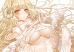 Rule 34 | 1girl, angel wings, apt, blonde hair, blush, bound, bound arms, bow, braid, breasts, commentary request, eyebrows, frilled shirt collar, frilled sleeves, frills, highres, horns, large breasts, long hair, looking at viewer, midriff, original, sheep horns, solo, underboob, upper body, very long hair, white background, wings, yellow eyes