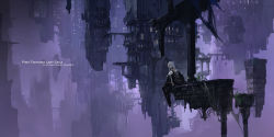 Rule 34 | 1girl, arch, artist name, black dress, black gloves, black thighhighs, breasts, brick wall, bridge, building, commentary, copyright name, dress, elbow gloves, floating, gloves, highres, long hair, long sleeves, looking at viewer, medium breasts, pixiv fantasia, pixiv fantasia last saga, plant, scenery, sitting, solo, swd3e2, thighhighs, white hair, wide shot, window