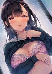 Rule 34 | 1girl, black hair, black shirt, blush, bra, breast hold, breasts, calm mashiro, cleavage, clothes lift, commentary, dutch angle, eyelashes, hair ornament, hairclip, half-closed eyes, lace, lace-trimmed bra, lace trim, large breasts, lifted by self, lips, long hair, long sleeves, looking at viewer, midriff, original, parted bangs, parted lips, pink bra, rain, red eyes, school uniform, serafuku, shirt, shirt lift, smile, solo, underwear, upper body, water drop, window