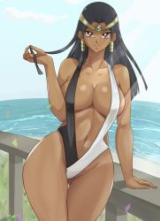 Rule 34 | 1girl, armlet, artist request, beach, black hair, blue eyes, breasts, cleavage, closed mouth, curvy, dark-skinned female, dark skin, day, egyptian, grass, high heels, highleg, highleg swimsuit, highres, ishizu ishtar, jewelry, kneeling, large breasts, long hair, looking at viewer, multicolored clothes, multicolored swimsuit, ocean, one-piece swimsuit, outdoors, parted bangs, shiny skin, simple background, sky, smile, solo, stomach, swimsuit, thighs, two-tone swimsuit, water, yone-chan (kuwm5222), yu-gi-oh!, yu-gi-oh! duel monsters