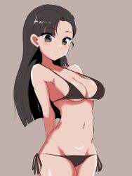 Rule 34 | 1girl, asymmetrical bangs, bikini, blush, breasts, brown eyes, brown hair, cleavage, girls und panzer, highres, large breasts, long hair, looking at viewer, navel, nishi kinuyo, picccolo0401, solo, swimsuit