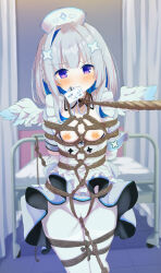 Rule 34 | 1girl, amane kanata, amane kanata (nurse), angel wings, armband, arms behind back, bandaged arm, bandages, bdsm, bed, blue hair, blunt bangs, blush, bondage, bound, bound arms, bound breasts, bound legs, bound thighs, bound torso, braid, breast bondage, breasts, breasts out, clothes lift, collar, collarbone, collared shirt, crotch rope, crown braid, curtains, dot nose, dress, dress lift, embarrassed, feathered wings, feathers, female focus, hair between eyes, hair ornament, hamuta (machosbrown), hat, highres, hololive, hospital, hospital bed, id card, indoors, kinbaku, lanyard, leggings, legs together, long hair, looking at viewer, mouth hold, multicolored hair, name tag, nurse, nurse cap, object in mouth, official alternate costume, open clothes, open shirt, pantyhose, perky breasts, predicament bondage, purple eyes, rope, rope around neck, rope walking, shibari, shibari over clothes, shirt, short sleeves, sidelocks, skin tight, skindentation, skirt, skirt lift, small breasts, solo, standing, streaked hair, thighhighs, tight clothes, tile floor, tiles, two-tone hair, two-tone skirt, virtual youtuber, white hair, white hat, white leggings, white pantyhose, wings, x hair ornament